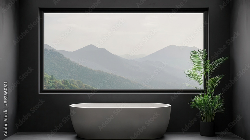 Fototapeta premium Minimal container bathroom with concrete countertops, large window facing a misty mountain range, serene