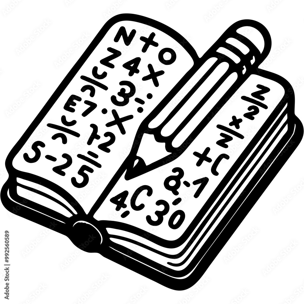 Mathematical formulas written in pencil in notebook in monochrome. Simple minimalistic vector in black ink drawing on transparent background Mathematical formulas written in pencil in notebook in monochrome. Simple minimalistic vector in black ink drawing on transparent background