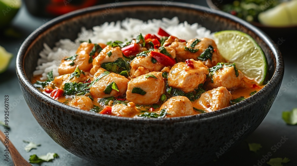 A bowl of Thai red curry with chicken, spinach, and rice, garnished with lime wedges and chili peppers. A bowl of Thai red curry with chicken, spinach, and rice, garnished with lime wedges and chili peppers.