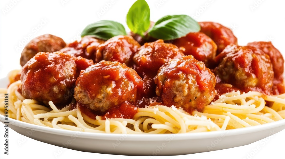 Juicy meatballs with pasta and tomato sauce, isolated on white background, in PNG format, ideal for food presentations and illustrations Juicy meatballs with pasta and tomato sauce, isolated on white background, in PNG format, ideal for food presentations and illustrations