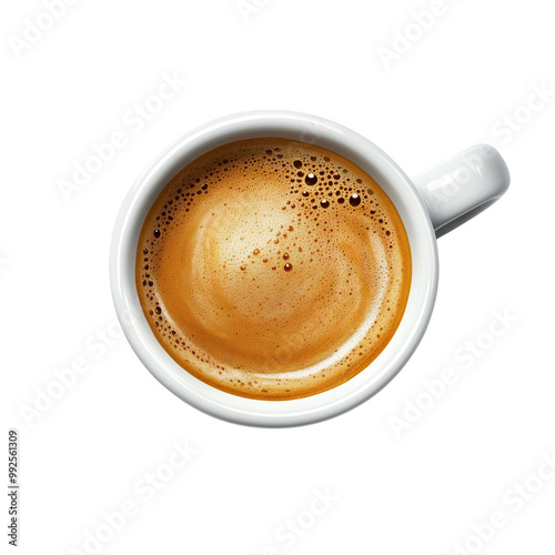 A close-up view of a freshly brewed cup of coffee, showcasing the rich crema on top. Perfect for coffee enthusiasts and beverage promotions.