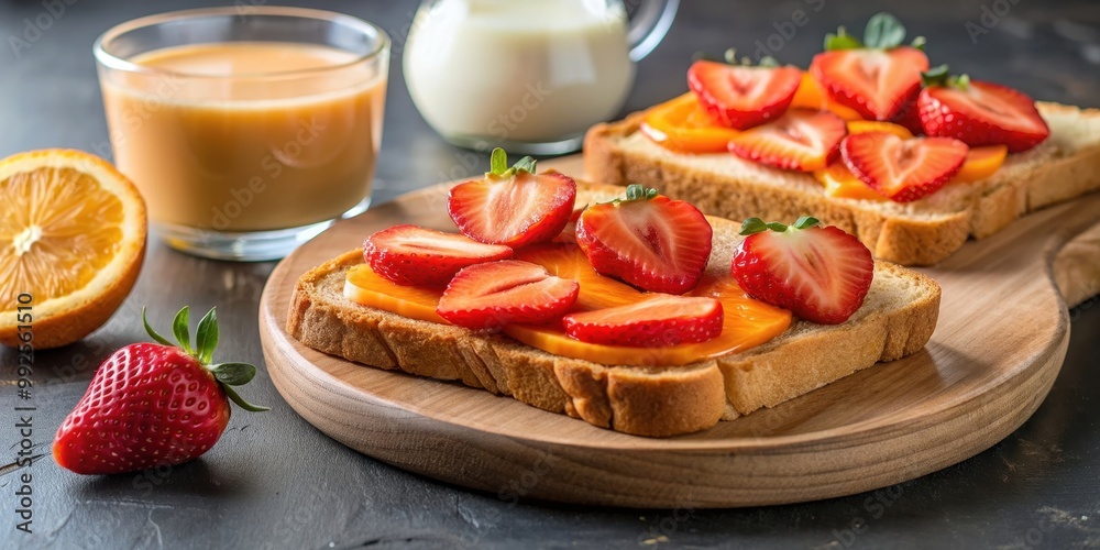 Delicious peanut butter toast with orange slices, strawberries, and a glass of milk on the side, peanut butter, toast