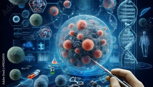 Human stem cell therapy research in 3D: Explore cellular biology, cancer treatment, DNA, nucleus, and protein. Highlighting molecular division for medical biotechnology.