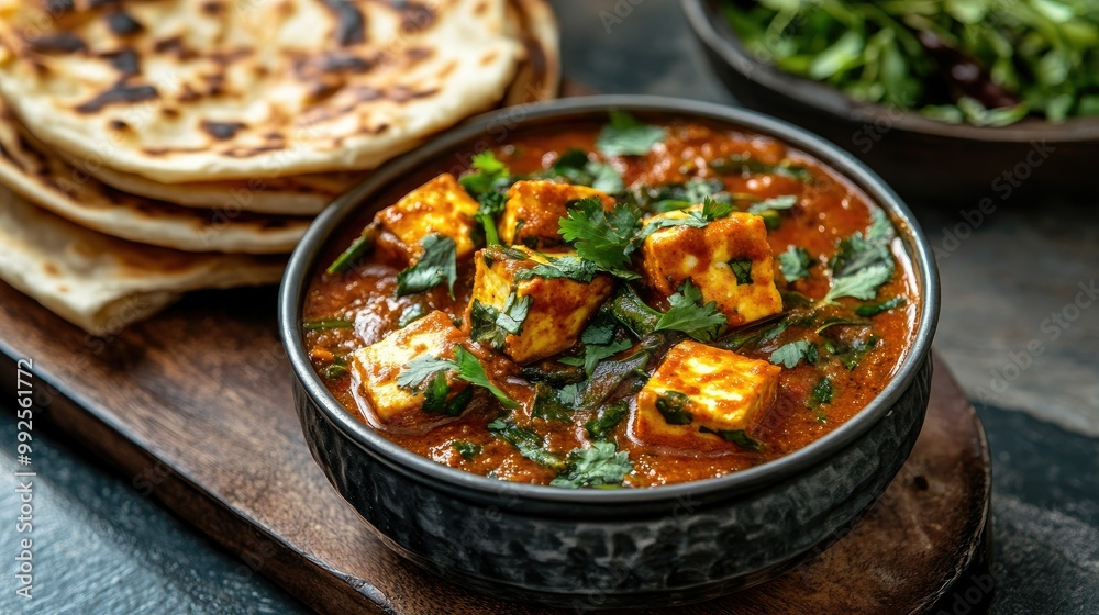 Kadai Paneer in a tomato-based gravy, served with flaky lachcha parantha and garnished with fresh coriander and green chilies. Kadai Paneer in a tomato-based gravy, served with flaky lachcha parantha and garnished with fresh coriander and green chilies.