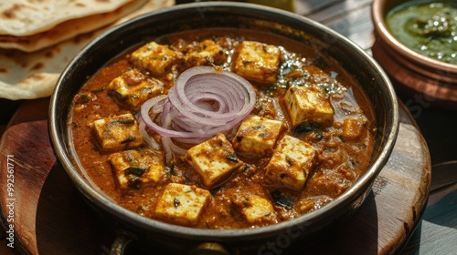 Kadai Paneer in a spicy, flavorful gravy, served with crispy lachcha parantha and a side of sliced onions and chili. photo