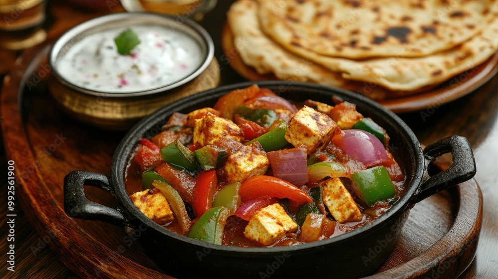 Kadai Paneer with colorful bell peppers, onions, and freshly ground spices, served with hot lachcha parantha and a side of raita. Kadai Paneer with colorful bell peppers, onions, and freshly ground spices, served with hot lachcha parantha and a side of raita.