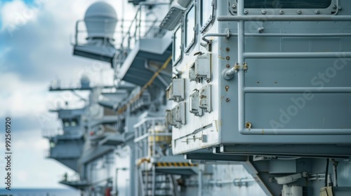 A close-up of the control tower on an aircraft carrier.