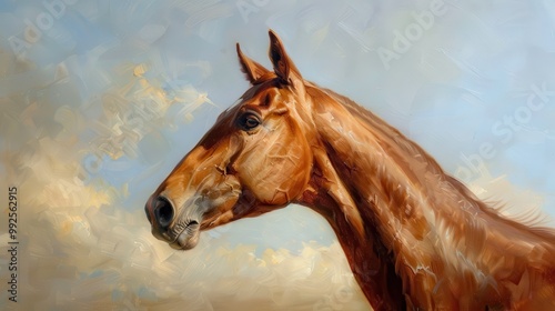 Thoroughbred Equine Portrait, an elegant depiction of a magnificent horse captured in classical oil painting style, showcasing its grace and strength with rich, vibrant colors.