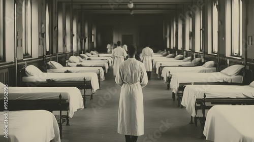 A nurse walks through a historic hospital ward lined with empty beds, conveying a sense of care and the medical environment's past.