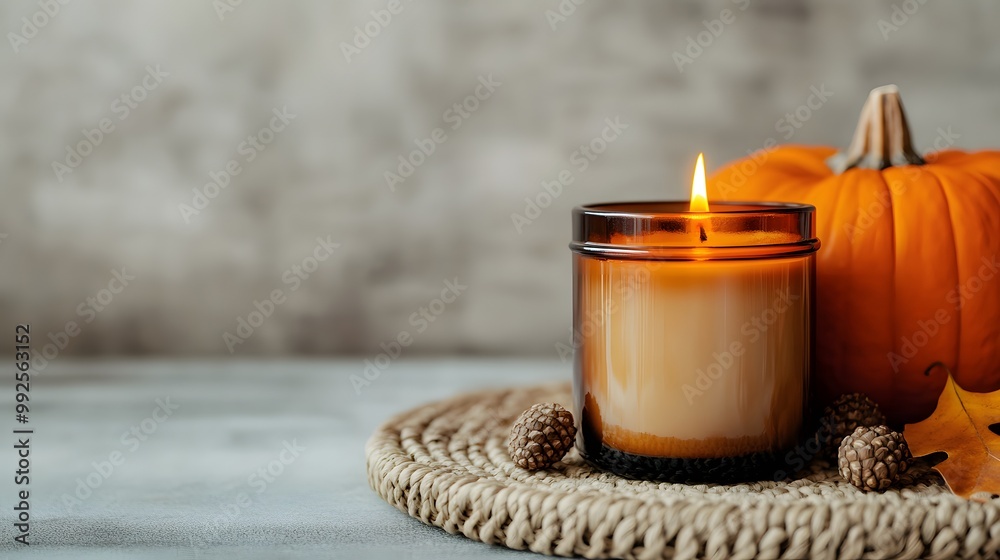 A warm, glowing candle beside a pumpkin on a textured surface, evoking a cozy autumn ambiance with natural elements. A warm, glowing candle beside a pumpkin on a textured surface, evoking a cozy autumn ambiance with natural elements.