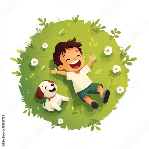 Child laughing while playing with a puppy in the park, flat design, top view, playful theme, cartoon drawing, colored pastel