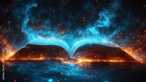 Mystical Book with Glowing Flames and Sparkles