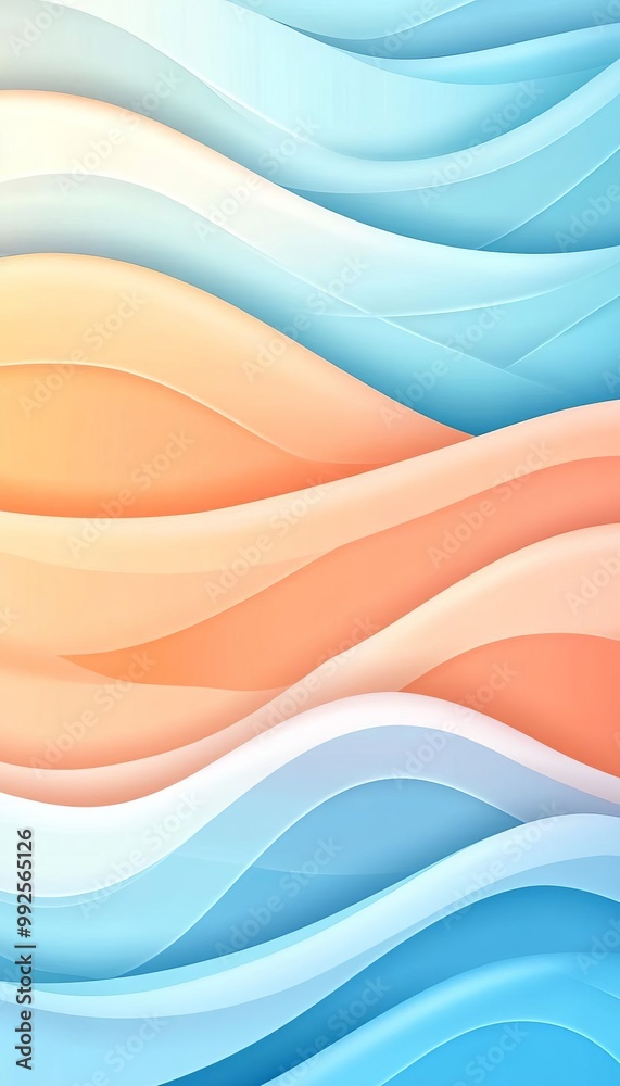 Soft, flowing waves in abstract shapes moving in a gentle rhythm, flat design, top view, meditation theme, cartoon drawing, colored pastel Soft, flowing waves in abstract shapes moving in a gentle rhythm, flat design, top view, meditation theme, cartoon drawing, colored pastel