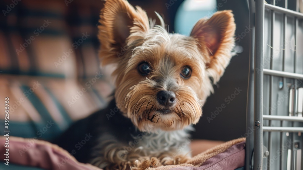 A small dog sitting comfortably in a pet carrier. A small dog sitting comfortably in a pet carrier.