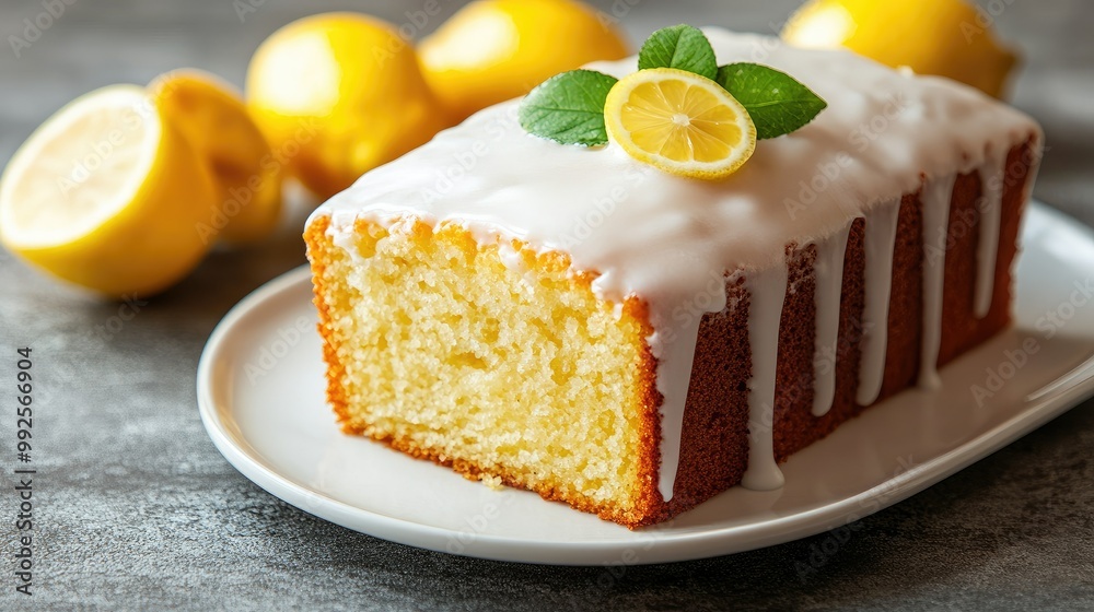 Lemon loaf cake with a glossy sugar icing, presented on a white plate, on a stone background with copy space available. Lemon loaf cake with a glossy sugar icing, presented on a white plate, on a stone background with copy space available.