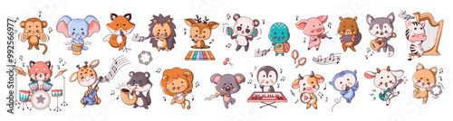 Kawai animals playing musical instruments flat color vector illustration set. Funny musicians performance icons on white background collection