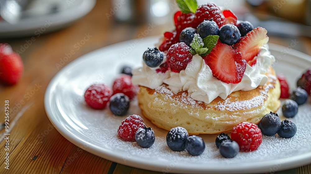 Light and airy souffle pancakes topped with whipped cream and mixed berries, served on a white plate on a wooden table, close-up, capturing the delightful presentation Light and airy souffle pancakes topped with whipped cream and mixed berries, served on a white plate on a wooden table, close-up, capturing the delightful presentation