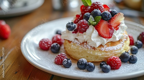 Light and airy souffle pancakes topped with whipped cream and mixed berries, served on a white plate on a wooden table, close-up, capturing the delightful presentation