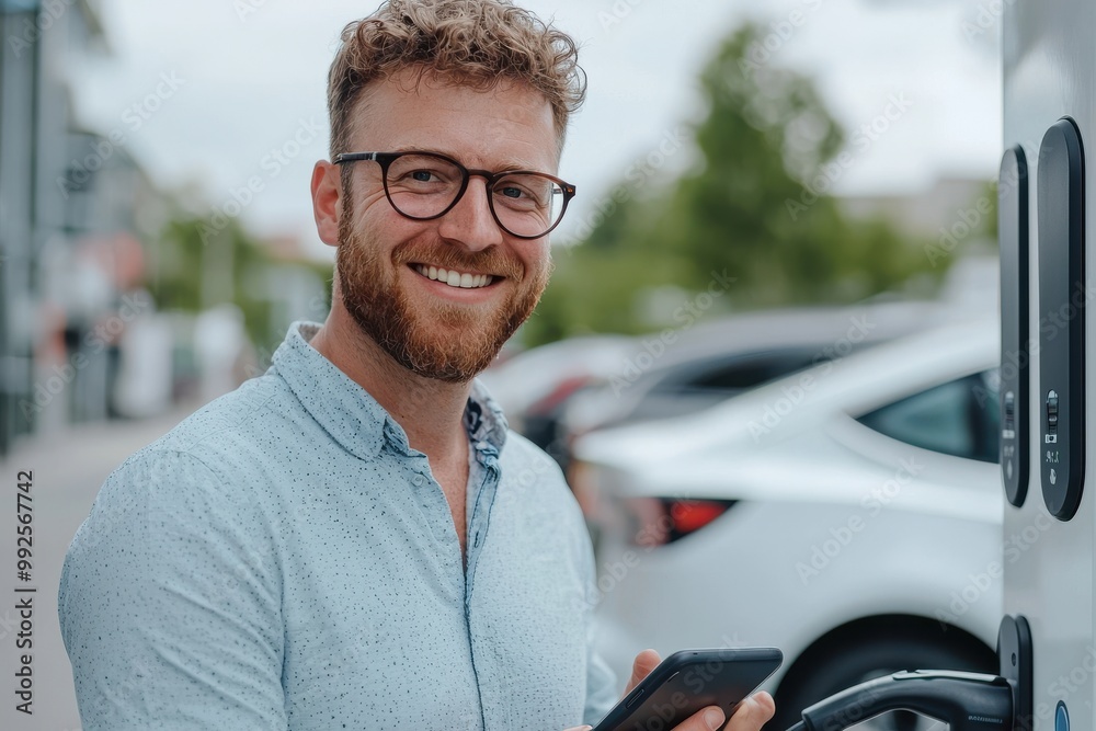 Man using phone at electric car charging station Man using phone at electric car charging station