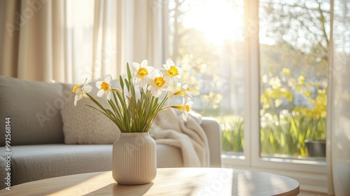 Light living room with a comfortable gray sofa, wooden coffee table, and a vase filled with fresh narcissus flowers, sunlight streaming through large windows