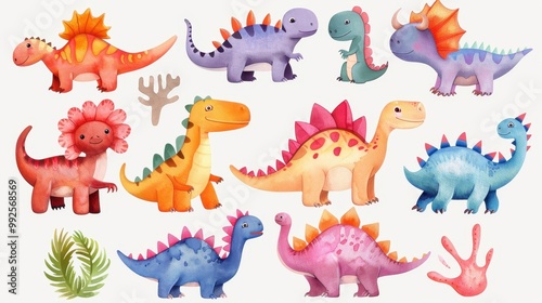 Fototapeta Naklejka Na Ścianę i Meble -  Dinosaur Alphabet Watercolor Art, Colorful illustrations of dinosaurs representing each letter of the English alphabet, Perfect for children's playroom or nursery decor, A3 size, vibrant colors