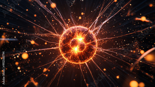 A stunning artistic fusion of nuclear fission and atomic particles, showcasing vibrant energy and dynamic movement. This image captures essence of scientific phenomena in visually striking manner