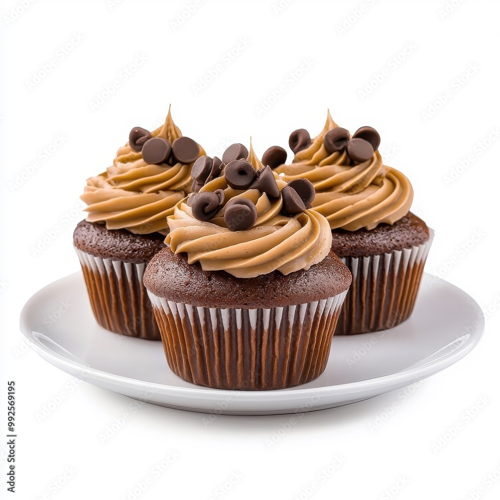 Chocolate cupcakes on a plate, isolated with a white background, elegant and appetizing presentation. Chocolate cupcakes on a plate, isolated with a white background, elegant and appetizing presentation.