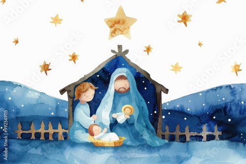 Watercolor Nativity Illustration, depicting Virgin Mary, Jesus Christ, Joseph, and the Star of Bethlehem, perfect for Christmas greeting cards and seasonal celebrations.