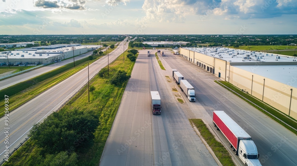 Fototapeta premium Logistic warehouse near a highway, with semi-trailer trucks and green suburban surroundings, aerial view, Flower Mound, Texas