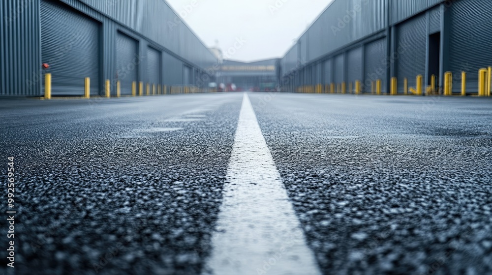 Long asphalt road stretching into the distance with a background of industrial warehouses and processing plants Long asphalt road stretching into the distance with a background of industrial warehouses and processing plants