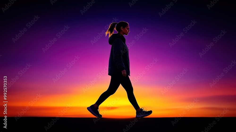Silhouette of a Determined Woman Walking into the Sunset: A woman in silhouette walks confidently into the vibrant hues of a sunset, her determined stride evoking a sense of hope and progress. Silhouette of a Determined Woman Walking into the Sunset: A woman in silhouette walks confidently into the vibrant hues of a sunset, her determined stride evoking a sense of hope and progress.