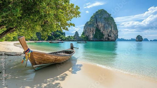 Long-tail boat tied to a tree on a sandy beach in Krabi, Thailand, with stunning limestone rocks and crystal-clear waters reflecting the sunny sky