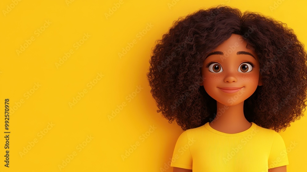 Φωτογραφία A joyful cartoon girl with curly hair, wearing a yellow shirt, radiates positivity and happiness against a clean backdrop