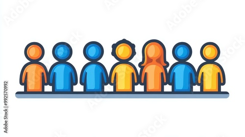 A minimalistic line art icon showcasing a diverse group of people in striking blue and yellow hues.