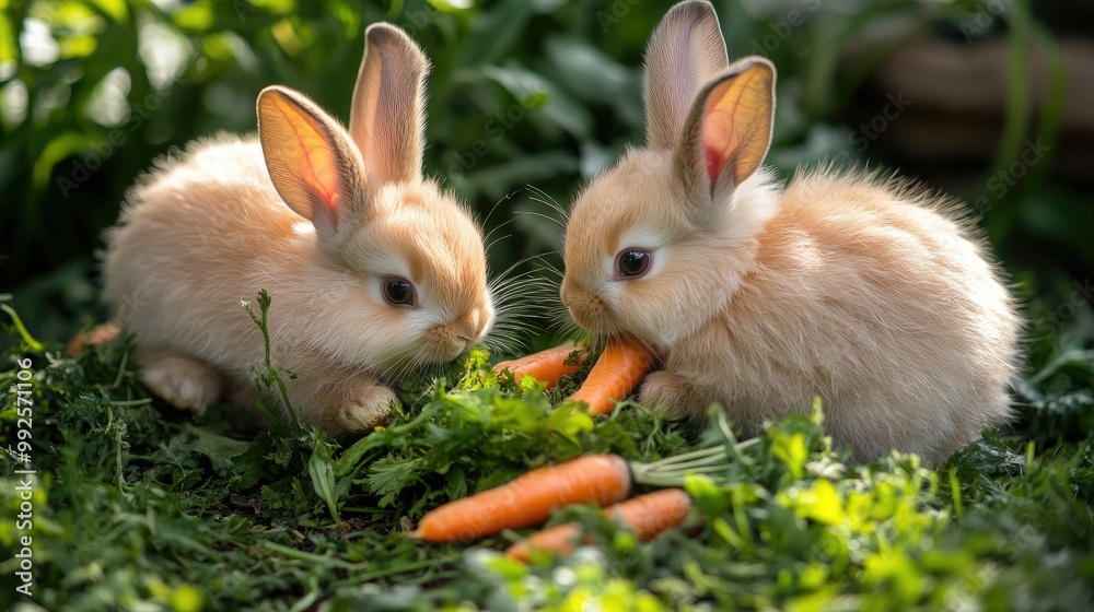 Lovely baby rabbits with fluffy fur, nibbling on fresh carrots and grass in a vibrant garden setting. A perfect representation of nature's innocence. Lovely baby rabbits with fluffy fur, nibbling on fresh carrots and grass in a vibrant garden setting. A perfect representation of nature's innocence.