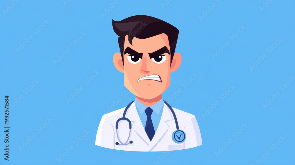 Fototapeta premium A lively cartoon doctor with a frustrated look, brought to life through modern flat illustration and unique textures.