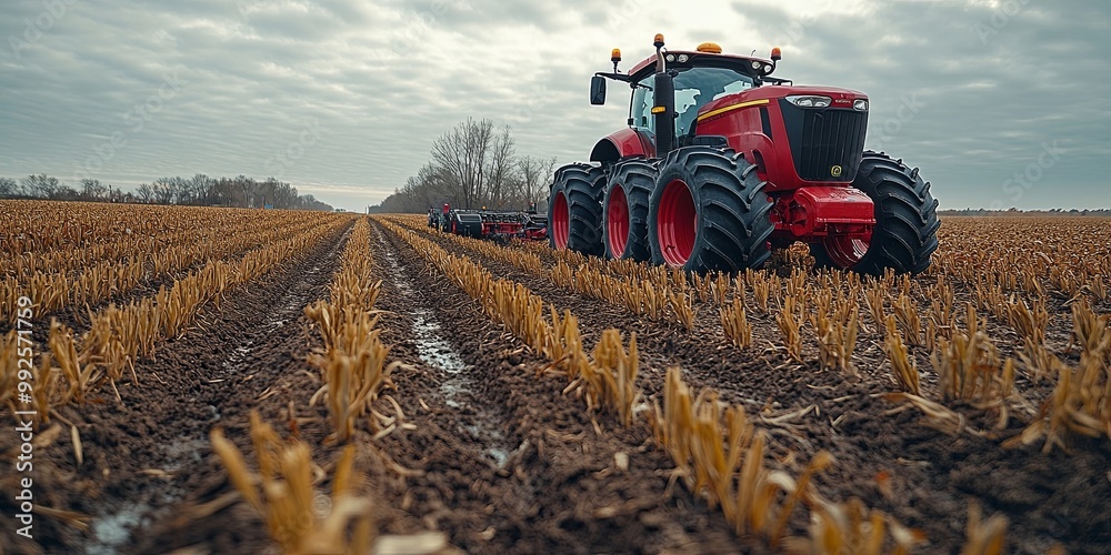 Obraz premium A powerful red tractor cultivates the soil, preparing the land for planting in the coming season.