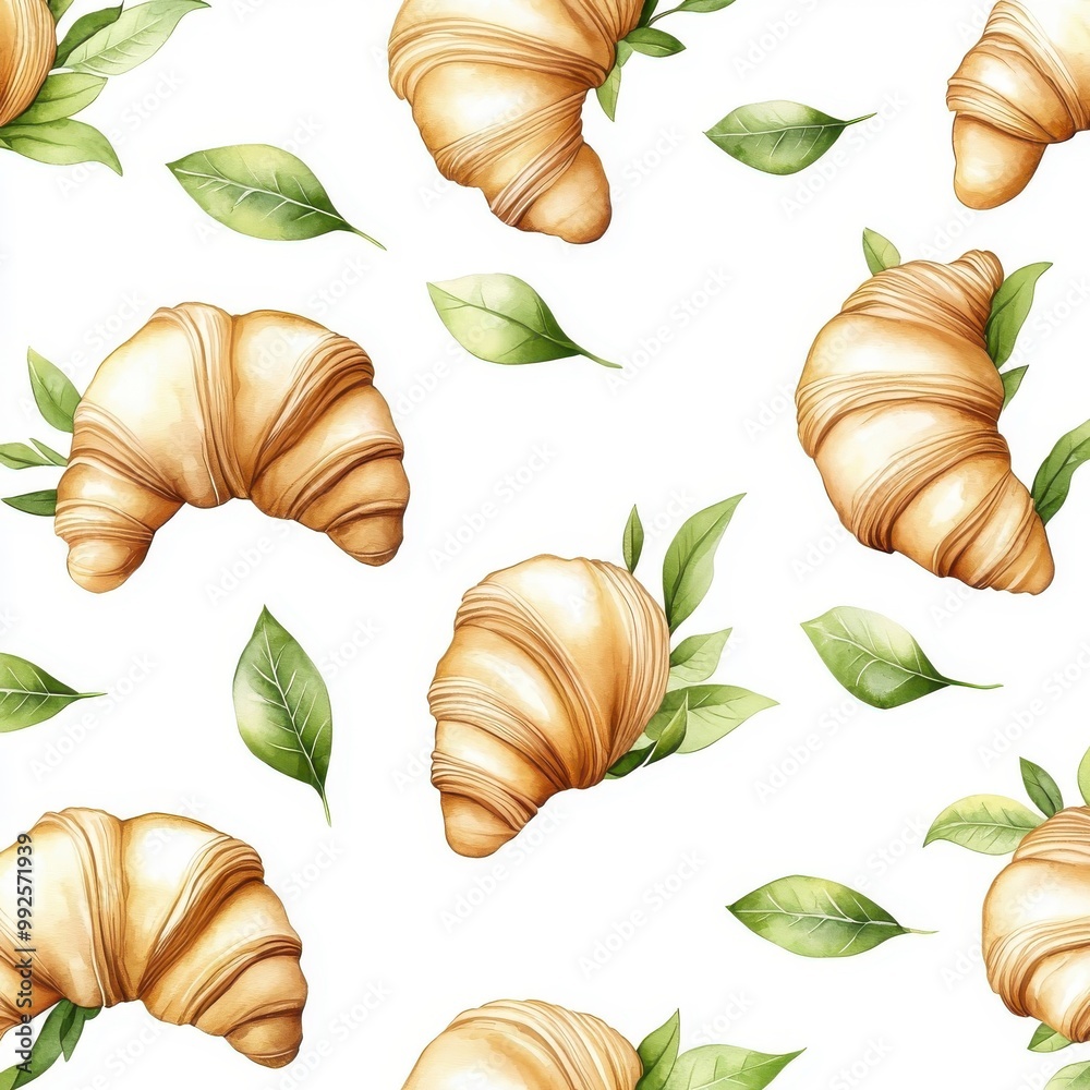 Watercolor seamless pattern of croissants, isolated on a white background, with delicate brushstrokes and artistic detail.