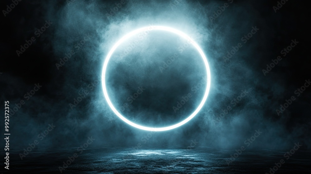 Luminous circle light frame on a dark background, emitting a soft white glow, ideal for highlighting text or objects in a dramatic, isolated space Luminous circle light frame on a dark background, emitting a soft white glow, ideal for highlighting text or objects in a dramatic, isolated space