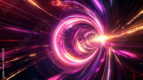 Luminous swirl trail effect in a dark space, featuring radiant neon lines and a glowing lens flare, creating a magical and futuristic atmosphere of swirling energy