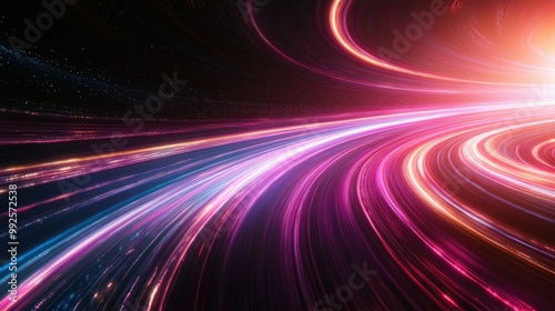 Luminous swirl trail effect in a dark space, featuring radiant neon lines and a glowing lens flare, creating a magical and futuristic atmosphere of swirling energy