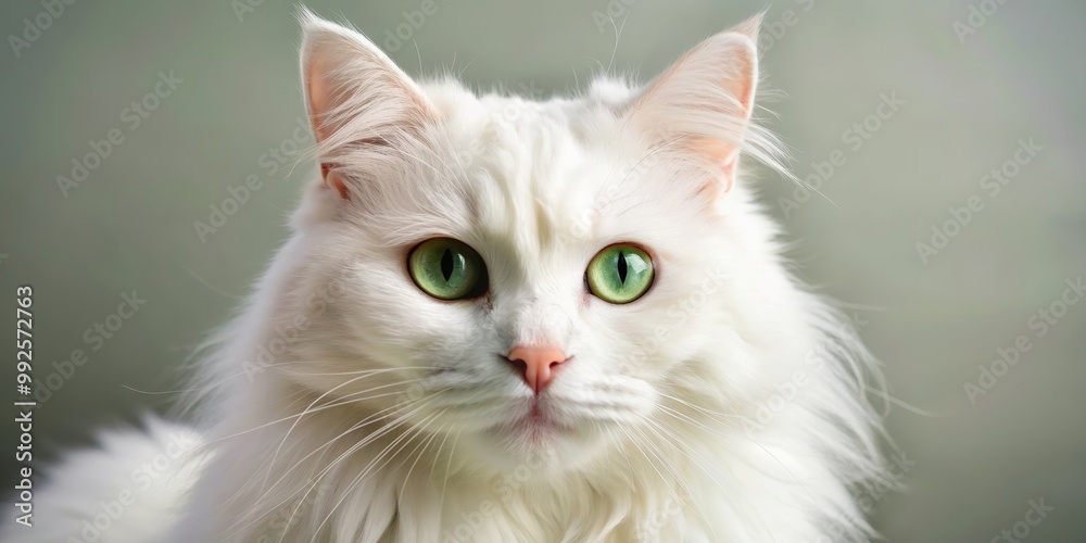 A close-up photo of a fluffy, white cat with bright green eyes, feline, pet, domestic, animal, cute, furry, whiskers, adorable A close-up photo of a fluffy, white cat with bright green eyes, feline, pet, domestic, animal, cute, furry, whiskers, adorable