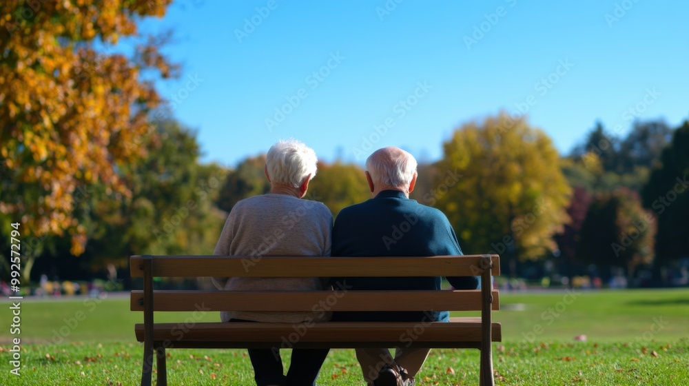 An elderly couple enjoys a peaceful moment on a park bench, surrounded by vibrant autumn foliage under a clear blue sky. An elderly couple enjoys a peaceful moment on a park bench, surrounded by vibrant autumn foliage under a clear blue sky.