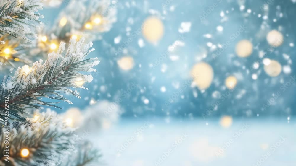 Snow-laden evergreen branches are beautifully decorated with sparkling lights amidst gently falling snowflakes in a winter wonderland Snow-laden evergreen branches are beautifully decorated with sparkling lights amidst gently falling snowflakes in a winter wonderland