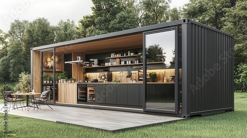 Modern container kitchen exterior with steel and wood, large windows, and a meadow backdrop