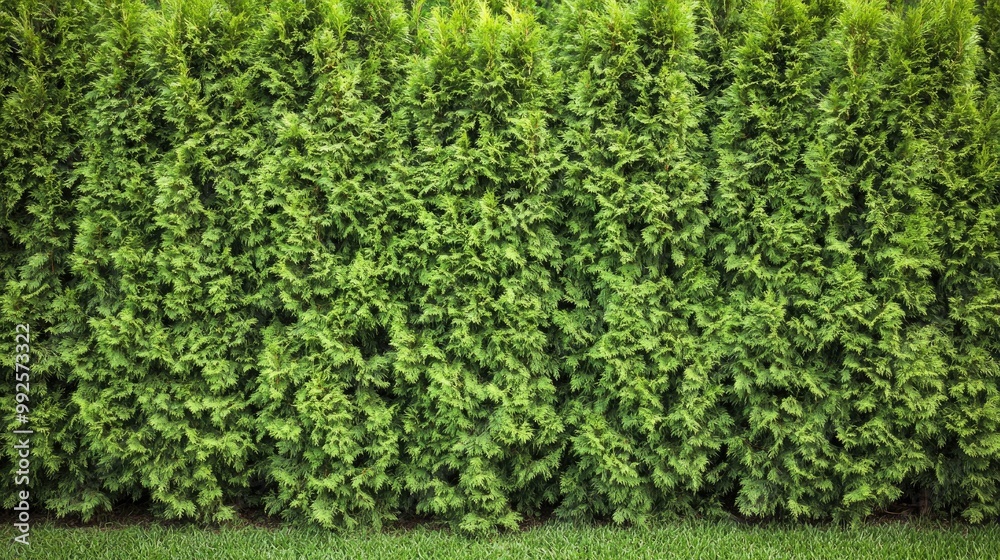Lush green hedge of thuja trees, creating a serene and natural wall in a landscaped garden. Perfect for nature and landscape photography. Lush green hedge of thuja trees, creating a serene and natural wall in a landscaped garden. Perfect for nature and landscape photography.