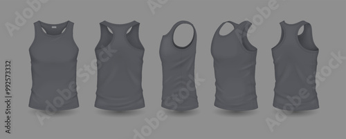 Gray men sleeveless shirts with logo mockup realistic vector illustration set. Summer outfit with logo template 3d models on grey background