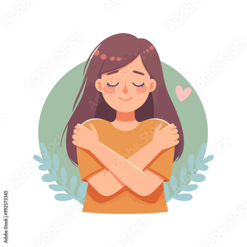 Woman giving herself a hug flat cartoon vector illustration