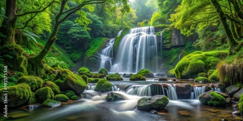 Tranquil waterfall surrounded by lush greenery, moss-covered rocks, and trees, waterfall, greenery, moss, rocks, trees