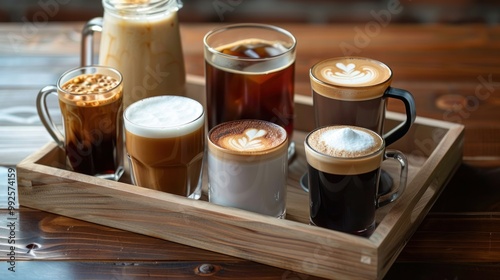 A coffee carrier tray with various coffee drinks.